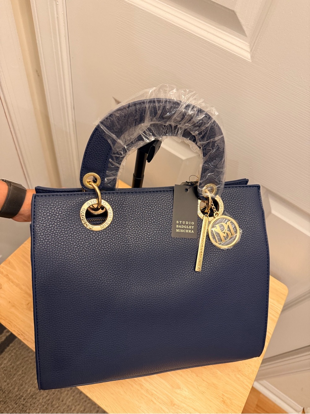 NWT Studio Badgley Mischka Navy Top Handle Tote Gold BM Charm Crossbody Strap